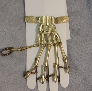 gold tone skeleton hand bracelet bony finger slave ring